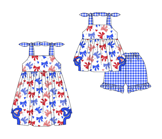 Preorder moq 5 Custom Baby Girls Hot Blue Strap Red Bows Hearts Tunic Ruffle Plaid Short 4th Of July Set Knee Length Dress
