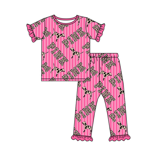 Baby Girls Pink Dog Leopard Shirt Tops Pants Pajamas Clothes Sets preorder(moq 5)