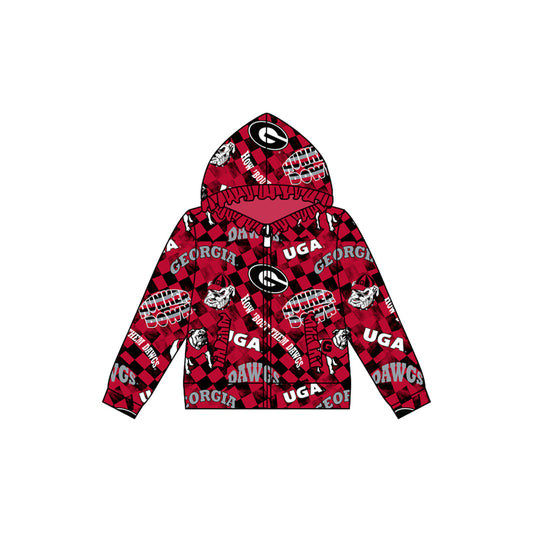 Preorder (moq 5)Baby Girls Bulldogs Team Football Hooded Zip Ruffles Tops Jackets