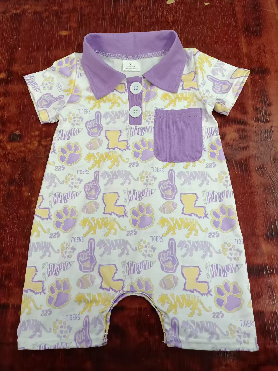 Preorder moq 5 Baby Boys Short Sleeves Button Pocket Lavender Footballs Pawl Rompers