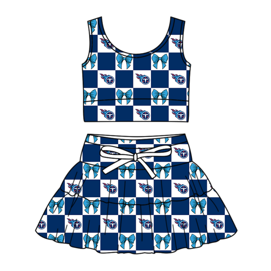 Preorder (moq 5)Baby Girls Blue T Bows Checked Vests Skirt Shorts Team Clothes Sets