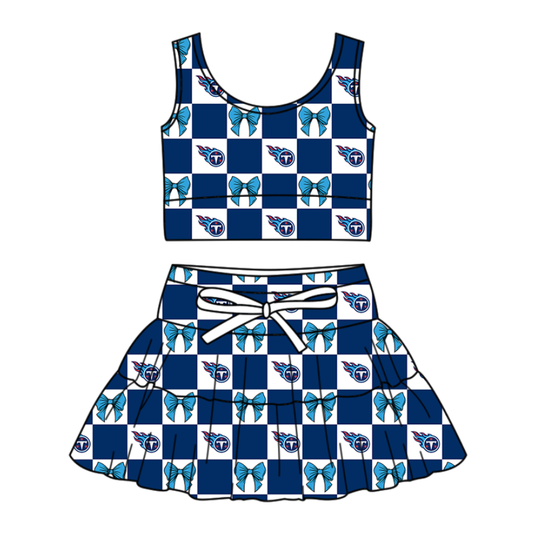 Preorder (moq 5)Baby Girls Blue T Bows Checked Vests Skirt Shorts Team Clothes Sets