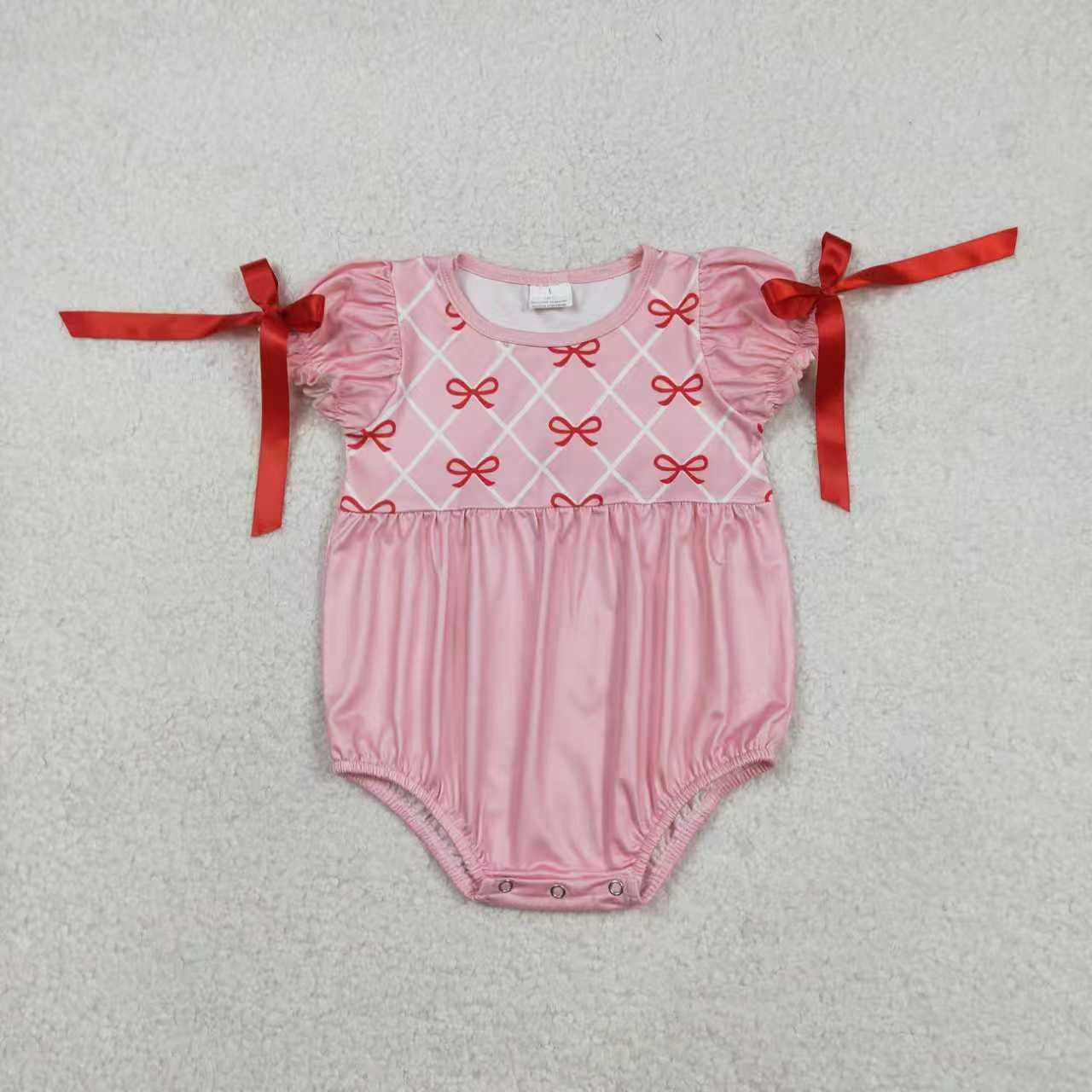 Sibling Baby Girls Red Bows Checked Knee Length Dresses Ruffle Rompers