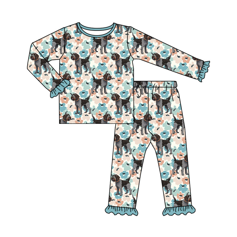 Baby Girls Flowers Black Dogs Top Pants Pajamas Clothes Sets Preorder(moq 5)