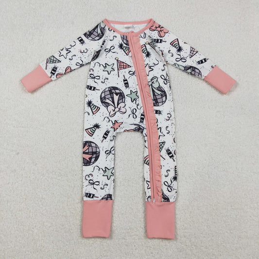 Baby Girls Happy New Year Ruffle Zipper Footie Rompers