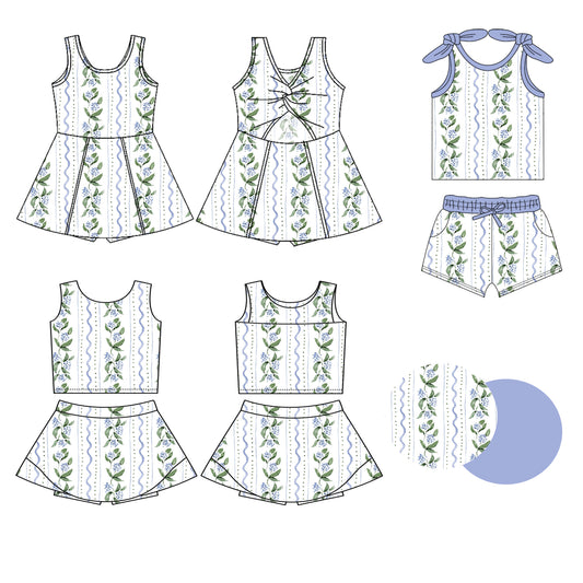 Preorder moq 5 Custom Baby Girls Sleeveless Blue Floral Stripe Top Skort Set Knee Length Dress Pockets Short Set