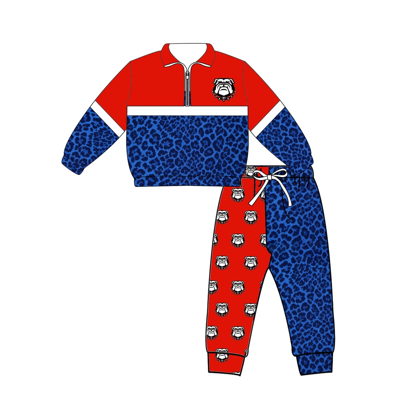 Preorder (moq 5)Baby Boys Blue Leopard Zip Bulldogs Pullovers Top Jogger Team Clothes Set