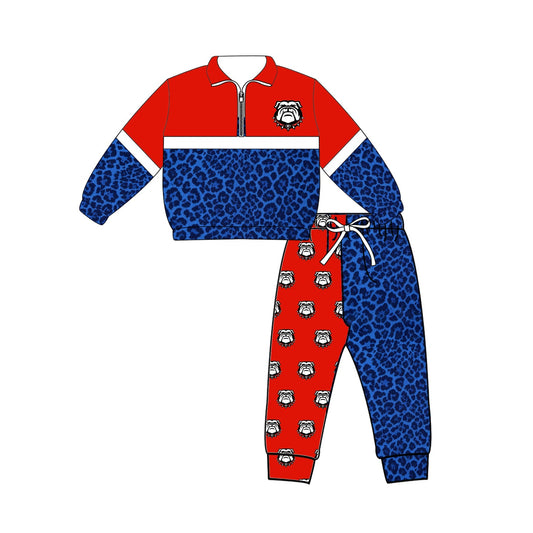 Preorder (moq 5)Baby Boys Blue Leopard Zip Bulldogs Pullovers Top Jogger Team Clothes Set