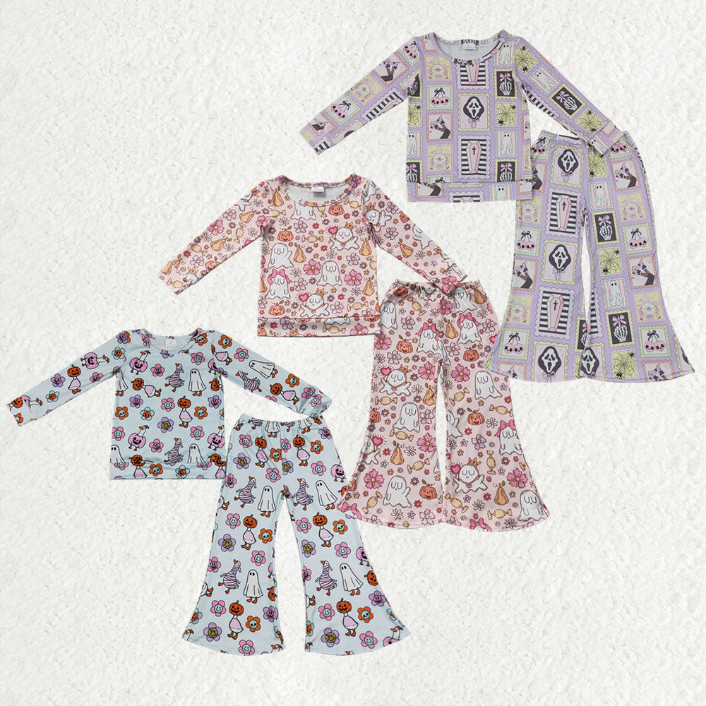 Sibling Baby Girls Ghost Pumpkins Flowers Top Flare Pant Halloween Set