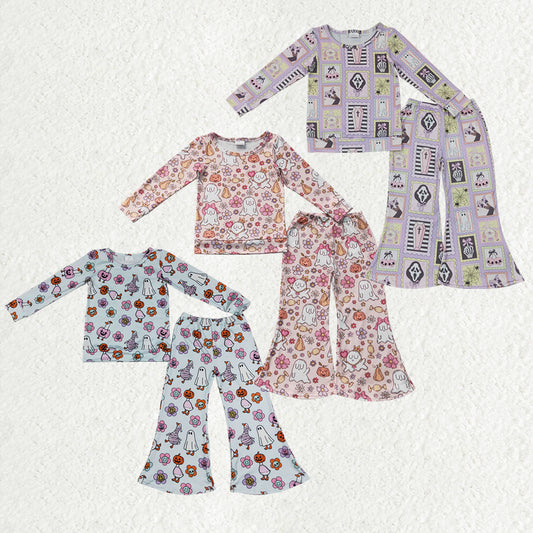 Sibling Baby Girls Ghost Pumpkins Flowers Top Flare Pant Halloween Set
