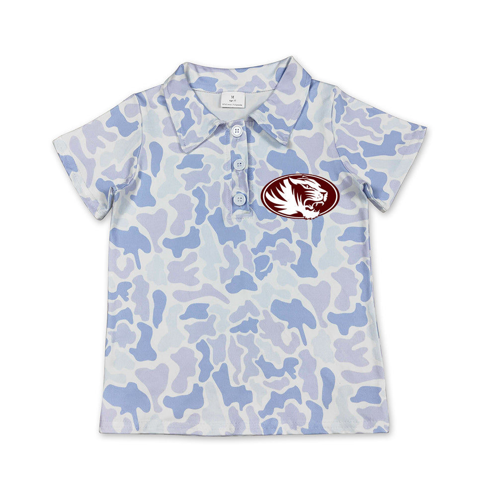 Preorder (moq 5)Baby Boys Light Blue Camo Silsbee Tigers Team Button Polo Shirt Top