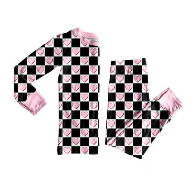 Preorder (moq 20)Baby Girls Bamboo Black Pink Checked Hearts Valentine Pajamas Sets