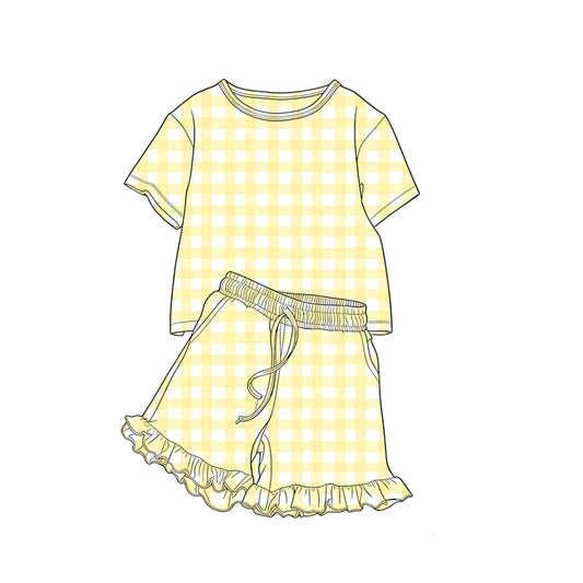 Preorder moq 5 Baby Girls Yellow Checked Shirt Top Pockets Ruffle Shorts Clothes Set