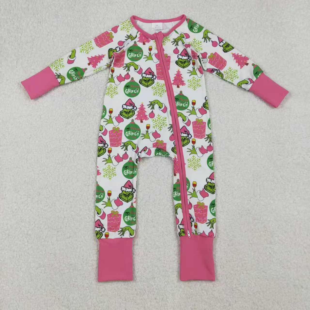 Sibling Baby Girls Green Faces Trees Lights Christmas Ruffle Knee Length Dress Pajamas Sets Footie Rompers