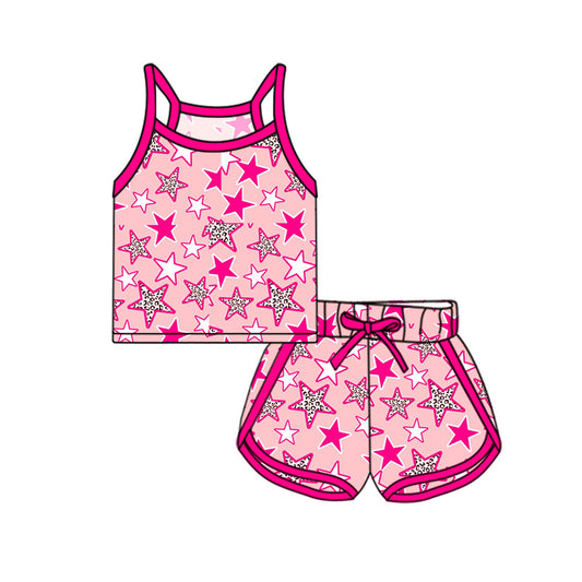Preorder (moq 5)Baby Girls Hot Pink Strap Stars Top Short Sport Set Preorder