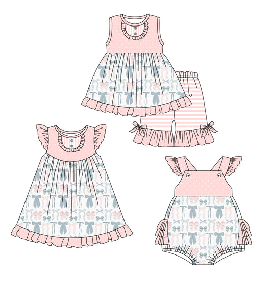 Preorder moq 5 Custom Baby Girls Pink Stripe Sleeveless Bows Button Tunic Ruffle Short Set Knee Length Dress And Rompers