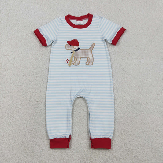 Embroidery Dog Baseballs Baby Boys Stripe Team Footie Rompers