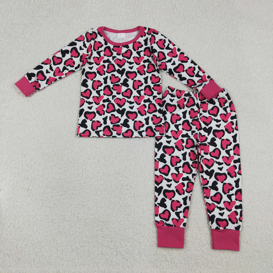 Baby Girls Hot Pink Hearts Leopard Top Pants Valentines Pajamas Sets