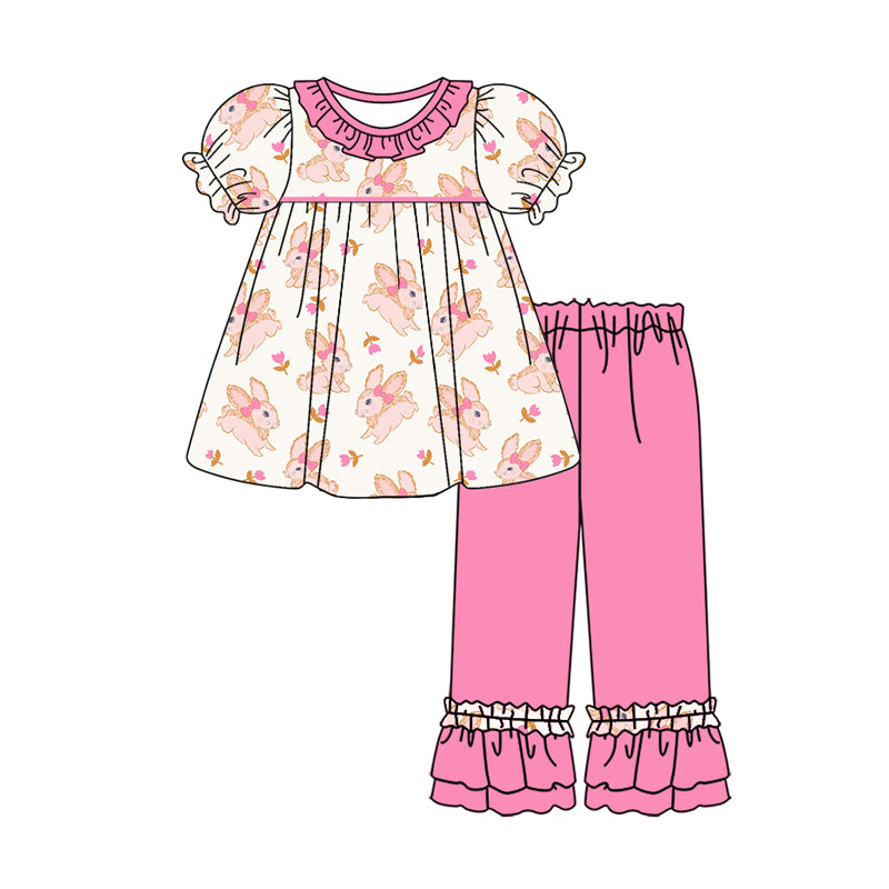 Baby Girls Easter Rabbits Pink Top Ruffle Pants Clothes Sets preorder(MOQ 5)