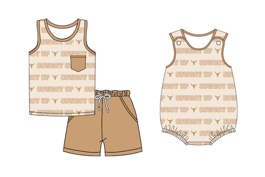 Preorder moq 5 Custom Baby Boys Sleeveless Cowboys Bull Skull Top Khaki Pockets Short Set Rompers