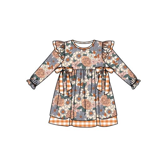 Baby Girls Orange Flowers Bows Knee Length Dresses Preorder(moq 5)