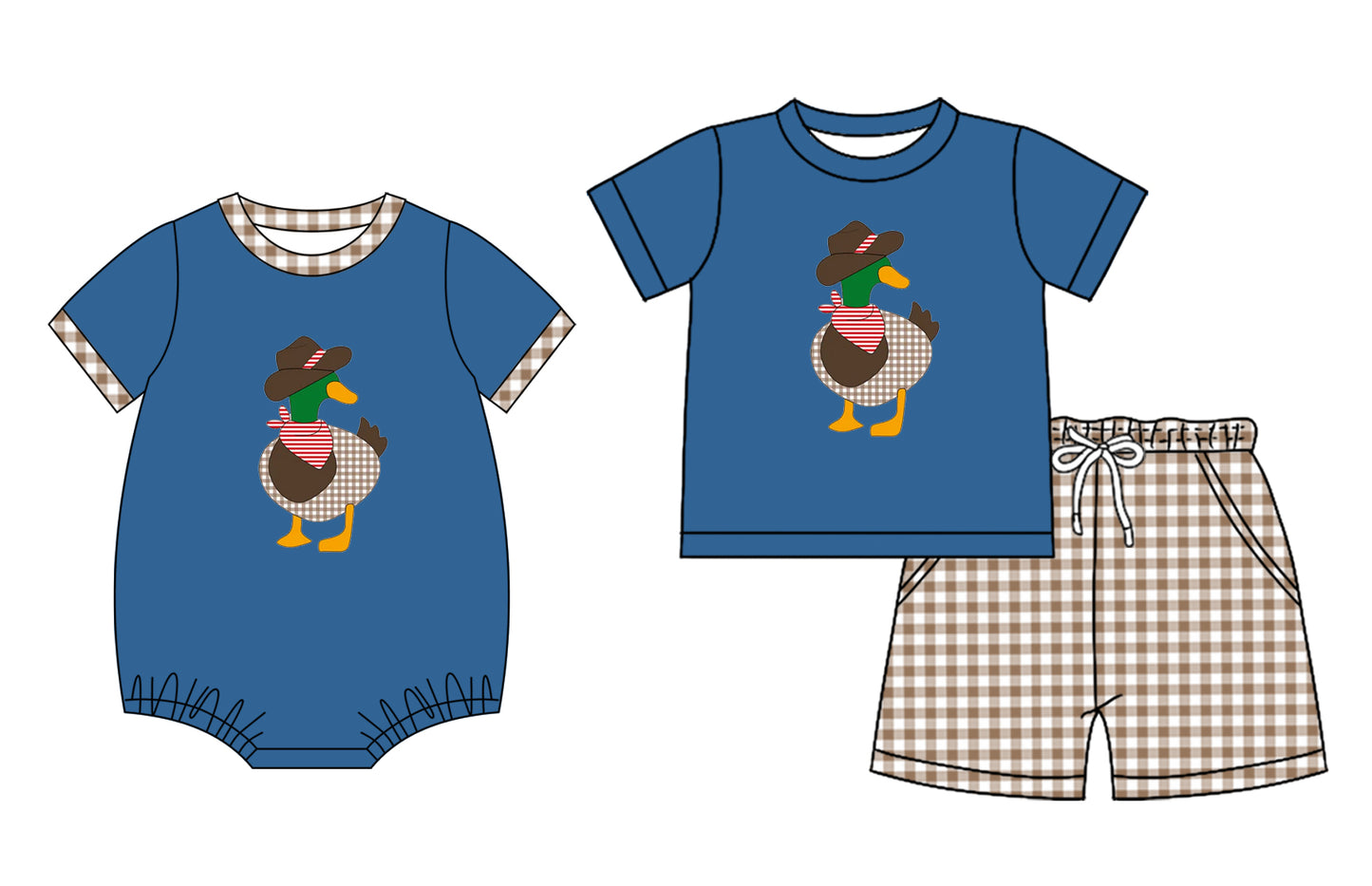 Preorder moq 5 Custom Baby Boys Navy Short Sleeves Ducks Top Plaid Short Set Rompers