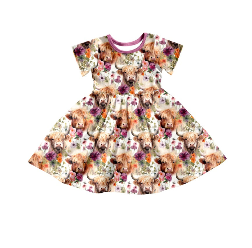 Baby Girls Western Highland Cow Flowers Short Sleeve Knee Length Dresses Preorder(moq 5)