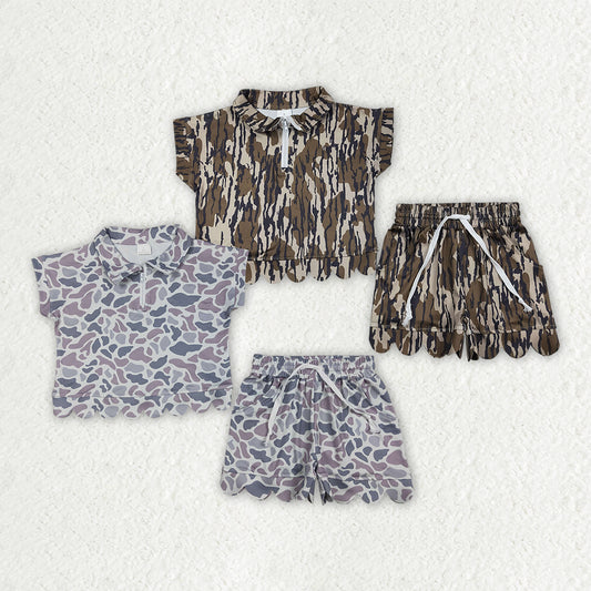 Sibling Baby Girls Southern Camo Zip Pullovers Pockets Shorts Scallop Clothes Sets