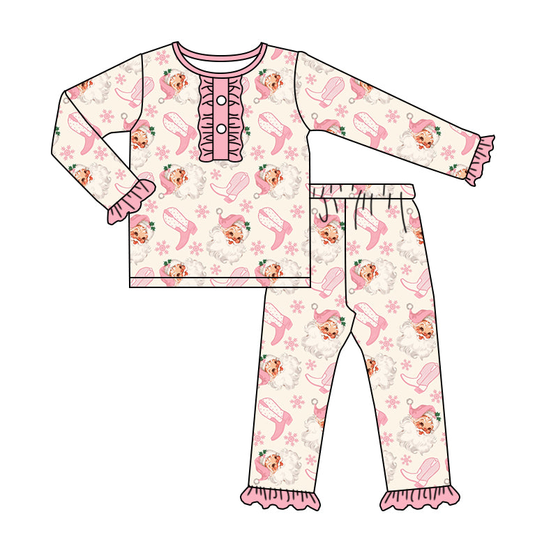 Baby Girls Pink Santa Christmas Shirt Boots Pants Pajamas Outfits Sets Preorder(moq 5)