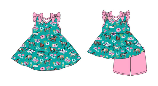 Preorder moq 5 Custom Baby Girls Green Bull Horse Flowers Tunic Short Set Knee Length Dresses