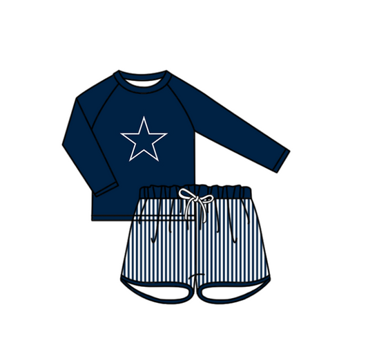 Preorder moq 5 Baby Boys Navy Stars Long Sleeve Top Stripe Shorts Team Swimsuits