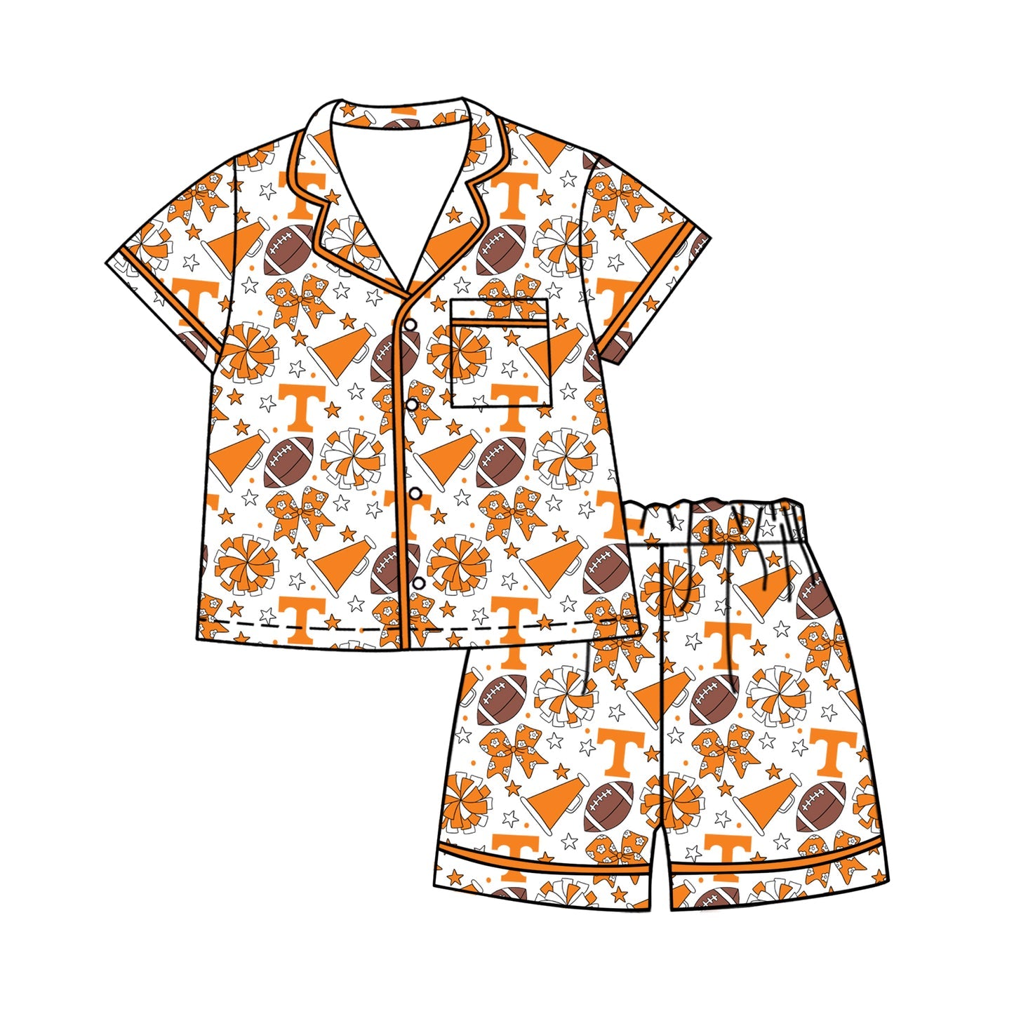 Preorder (moq 5)Baby Girls Footballs Bows Button Pocket Top Short Team Clothes Sets