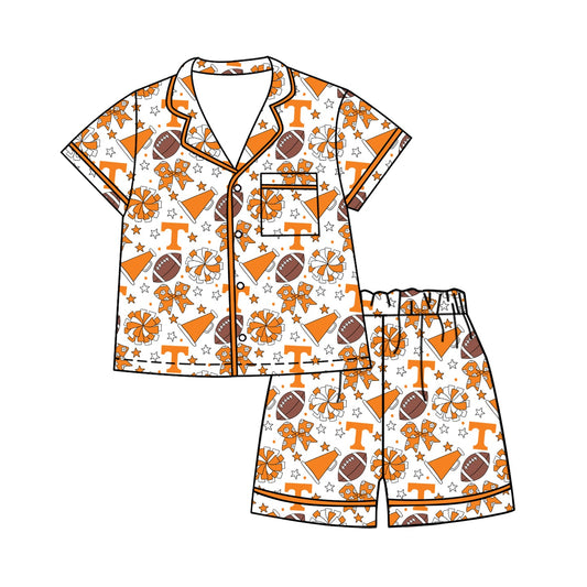 Preorder (moq 5)Baby Girls Footballs Bows Button Pocket Top Short Team Clothes Sets