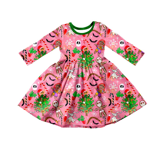 Baby Girls Christmas Tree Nightmare Long Sleeve Twirl Knee Length Dresses Preorder(moq 5)