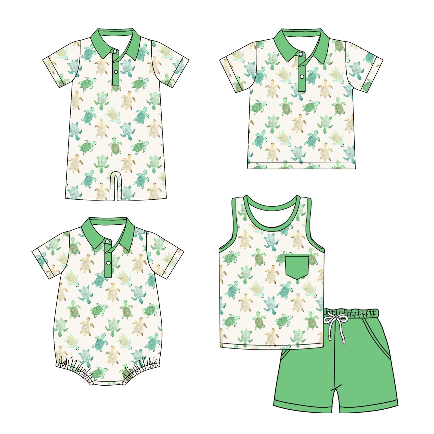Preorder moq 5 Custom Baby Boys Green Short Sleeves Button Pocket Tortoises Top Short Set Polo Shirts And Rompers