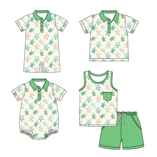 Preorder moq 5 Custom Baby Boys Green Short Sleeves Button Pocket Tortoises Top Short Set Polo Shirts And Rompers