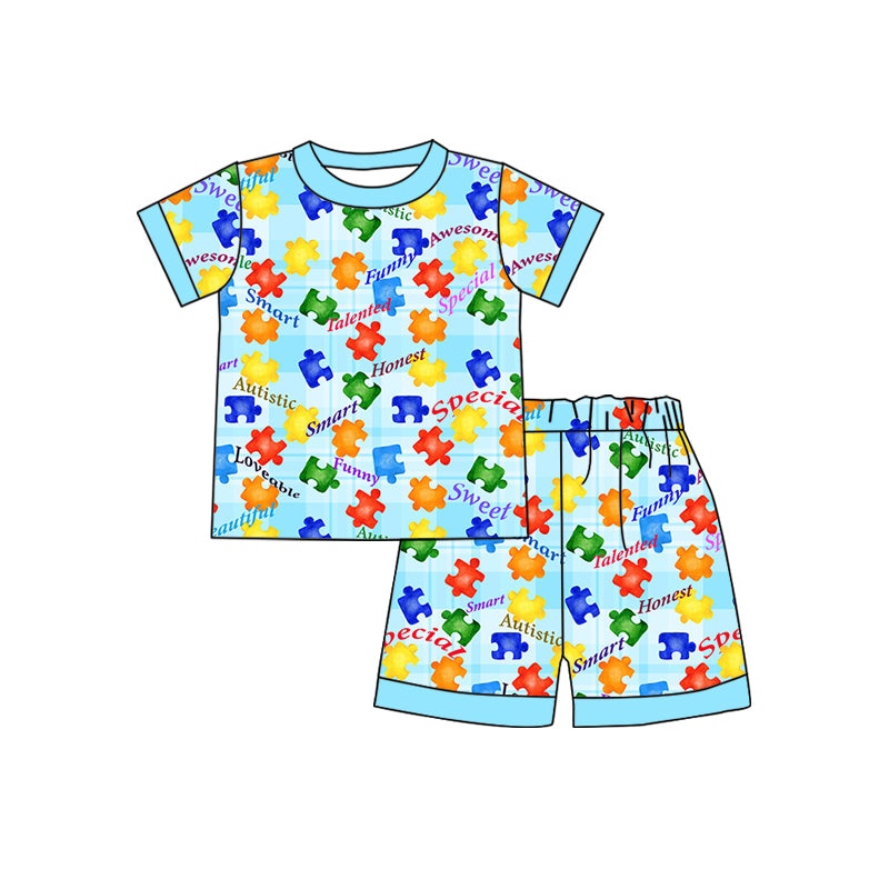 Baby Boys Blue Autistic Tee Top Shorts Pajamas Clothes Sets preorder(moq 5)