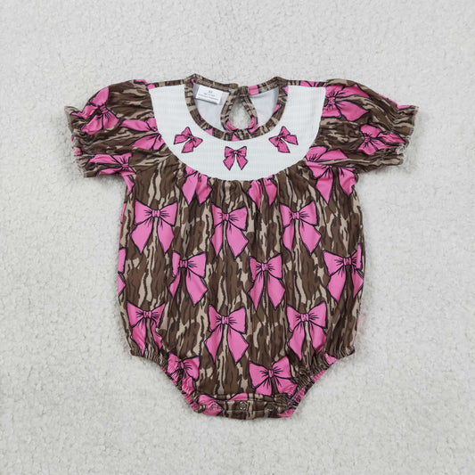 Smocked Bows Baby Girls Southern Olive Camo Ruffle Rompers