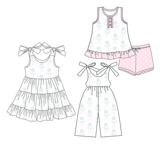 Preorder moq 5 Custom Baby Girls Blue Hydrangea Button Tunic Pink Polka Dots Short Set Knee Length Dress Jumpsuits