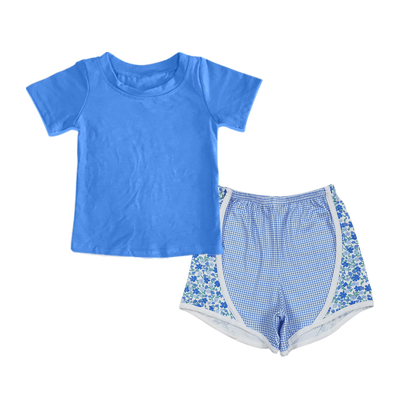 Preorder(moq 5) Baby Girls Short Sleeves Shirts Top Blue Plaid Floral Shorts Set