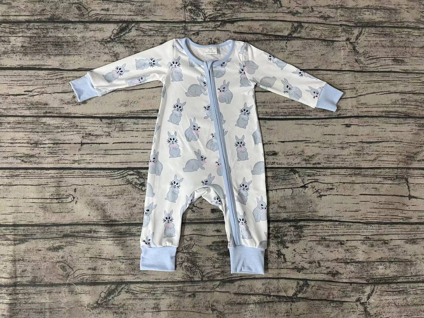 Baby Infant Boys Easter Rabbits Blue Zip Rompers