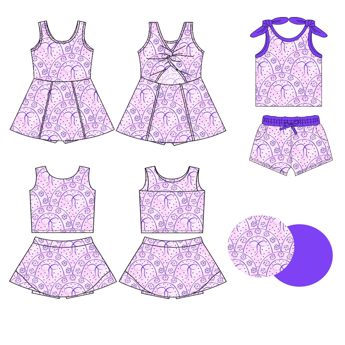 Preorder moq 5 Custom Baby Girls Sleeveless Lavender Flowers Bows Top Skort Set Knee Length Dress Pockets Short Set