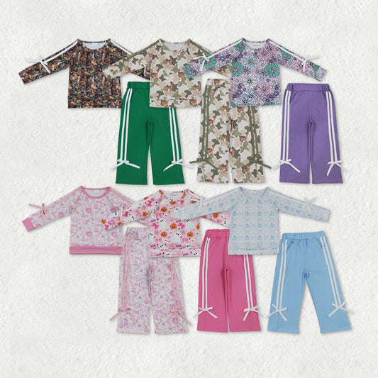 Sibling Baby Girls Long Leaves Ghost Pumpkins Deer Top Pockets Bows Pant Sets