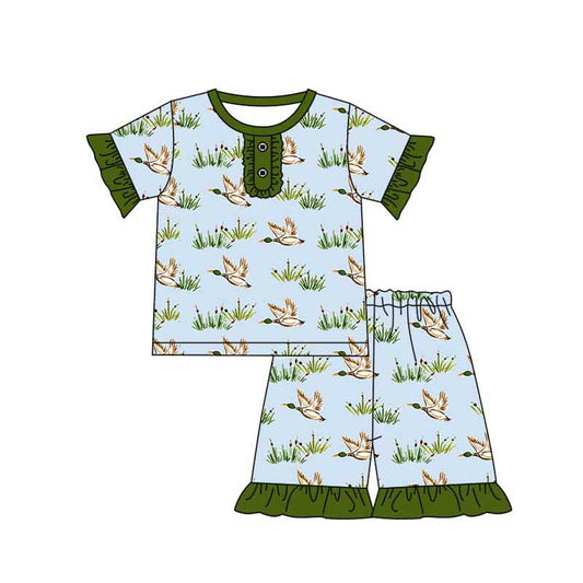 Baby Girls Blue Mallard Ducks Shirts Top Ruffle Shorts Pajamas Sets preorder(MOQ 5)