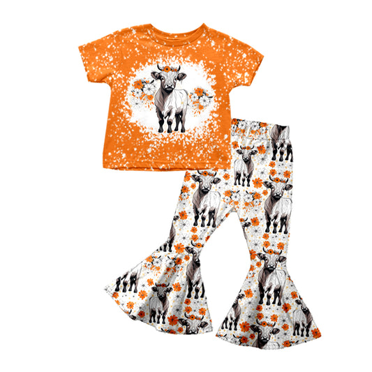 Baby Girls Orange Flowers Cow Shirt Bell Pants Clothes Sets preorder (moq 5)