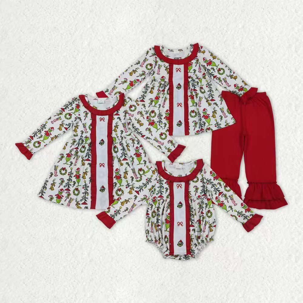 Sibling Embroidery Grin Bows Baby Girls Tunic Ruffle Pant Christmas Clothes Sets Ruffle Rompers