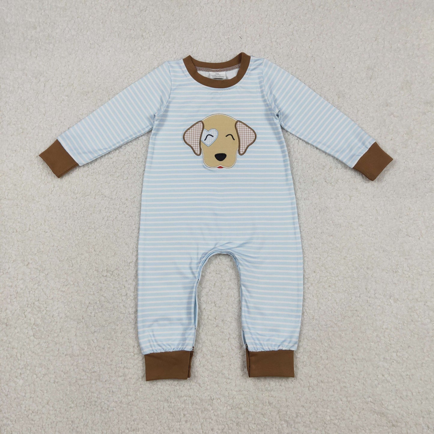 Embroidery Dog Baby Boys Blue Stripe Valentines Footie Rompers