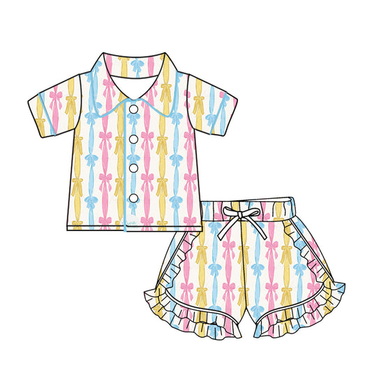 Baby Girls Colorful Bows Buttons Top Ruffle Shorts Pajamas Sets preorder(MOQ 5)