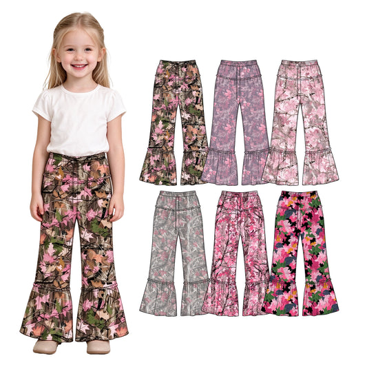 Preorder (moq 5) Baby Girl Clothes Bright Floral Camo Print Ruffle Waist Ruffle Hem Flare Pants
