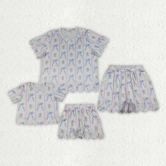 Mama and Me Girls Bows Flowers Stripe Top Pockets Short Scallop Clothes Sets
